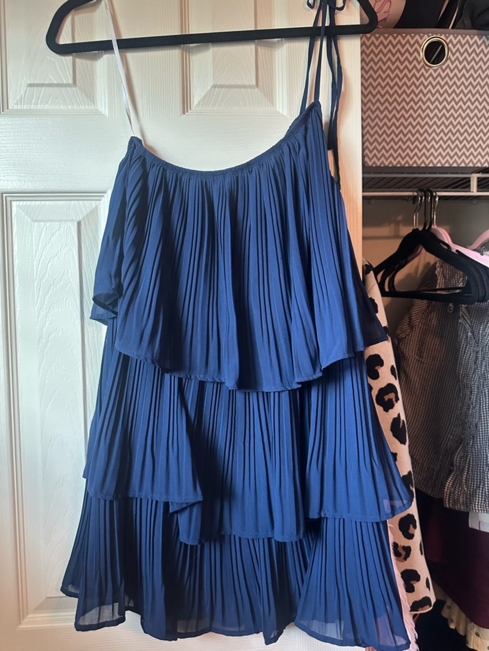 Lulu's Blue One-Shoulder Tiered Pleated Dress